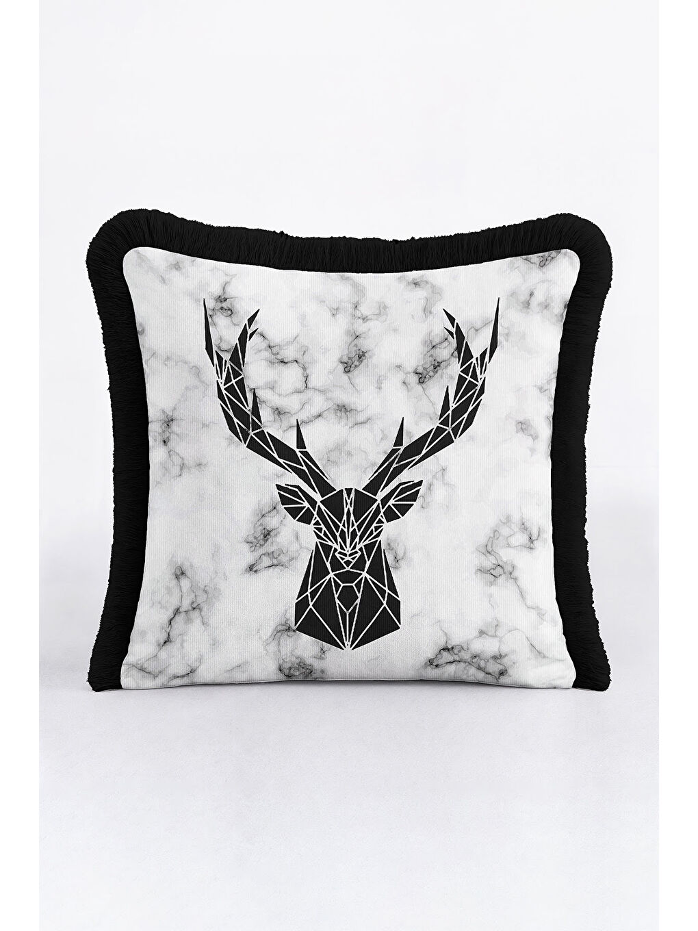 Karışık Geometrik Geyik Figürlü Saçaklı Yastık Kılıfı - Mermer Efektli Siyah Beyaz Püsküllü Kırlent Kılıfı