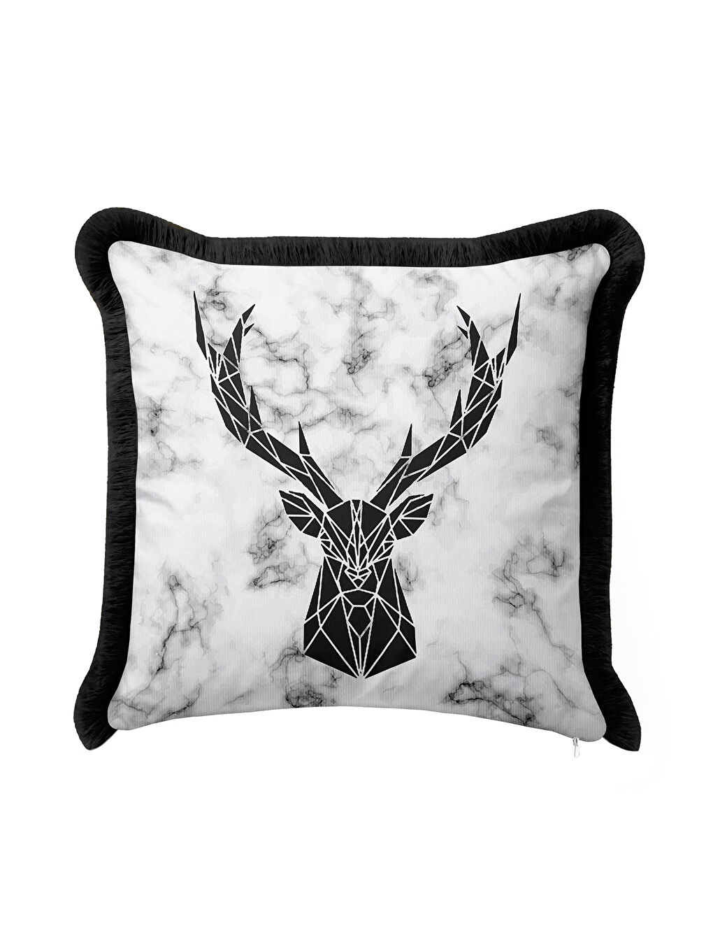 Karışık Geometrik Geyik Figürlü Saçaklı Yastık Kılıfı - Mermer Efektli Siyah Beyaz Püsküllü Kırlent Kılıfı-2