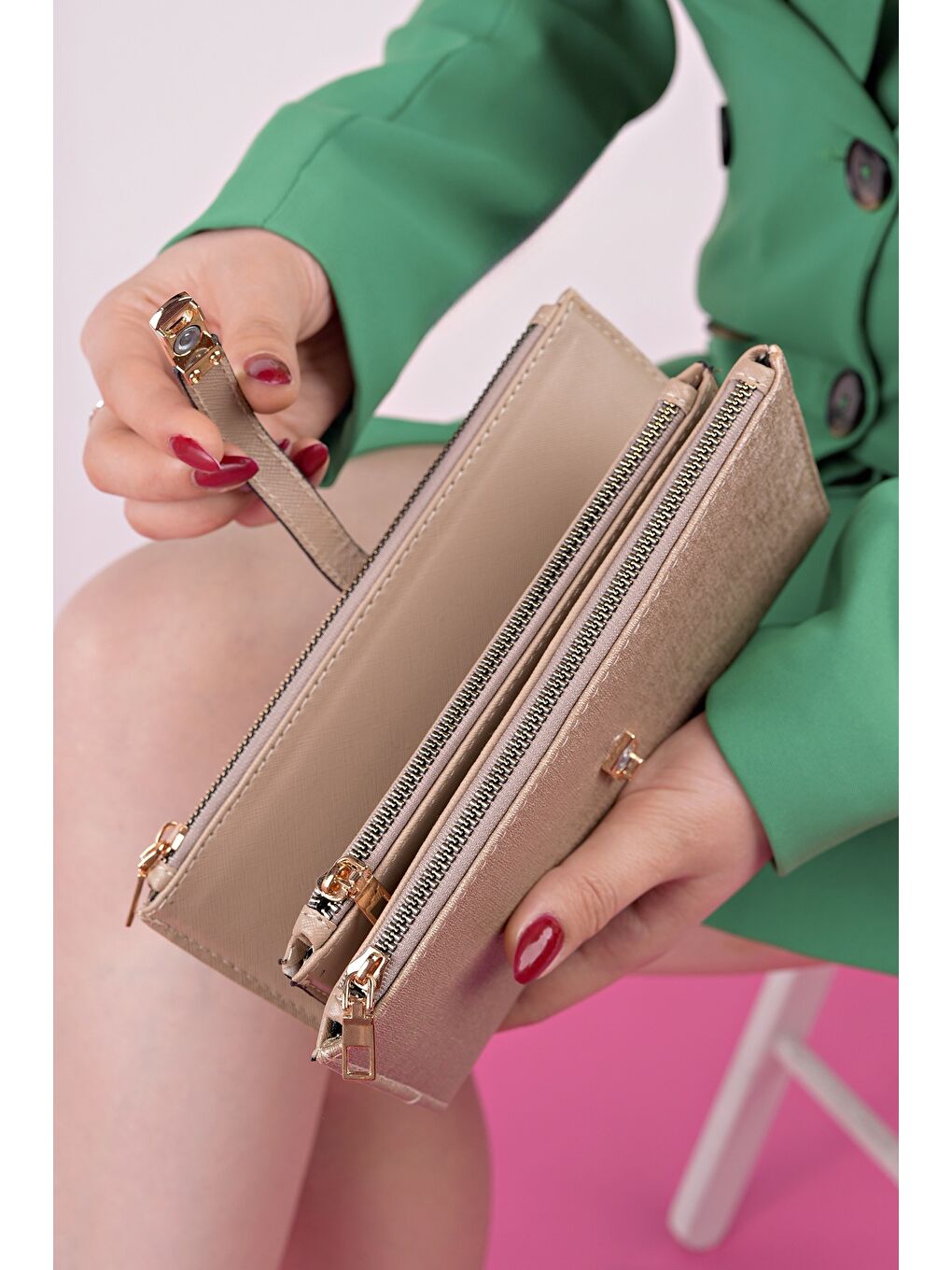 Bej PERFECT Telefon ve Bozuk Para Bölmeli Zarf Model Kadın Cüzdan-2