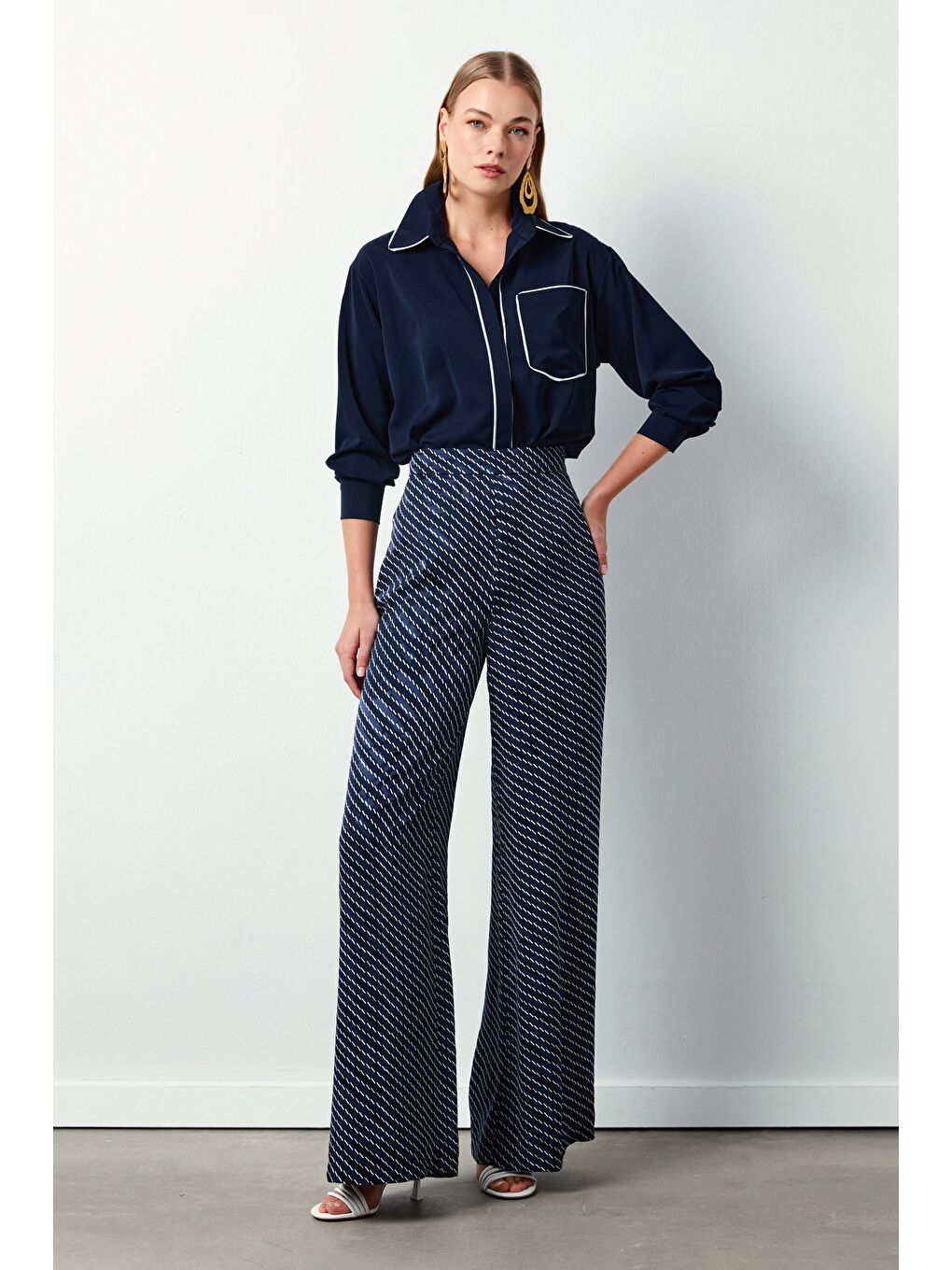 Çizgi Desenli Pantolon - Lacivert-2