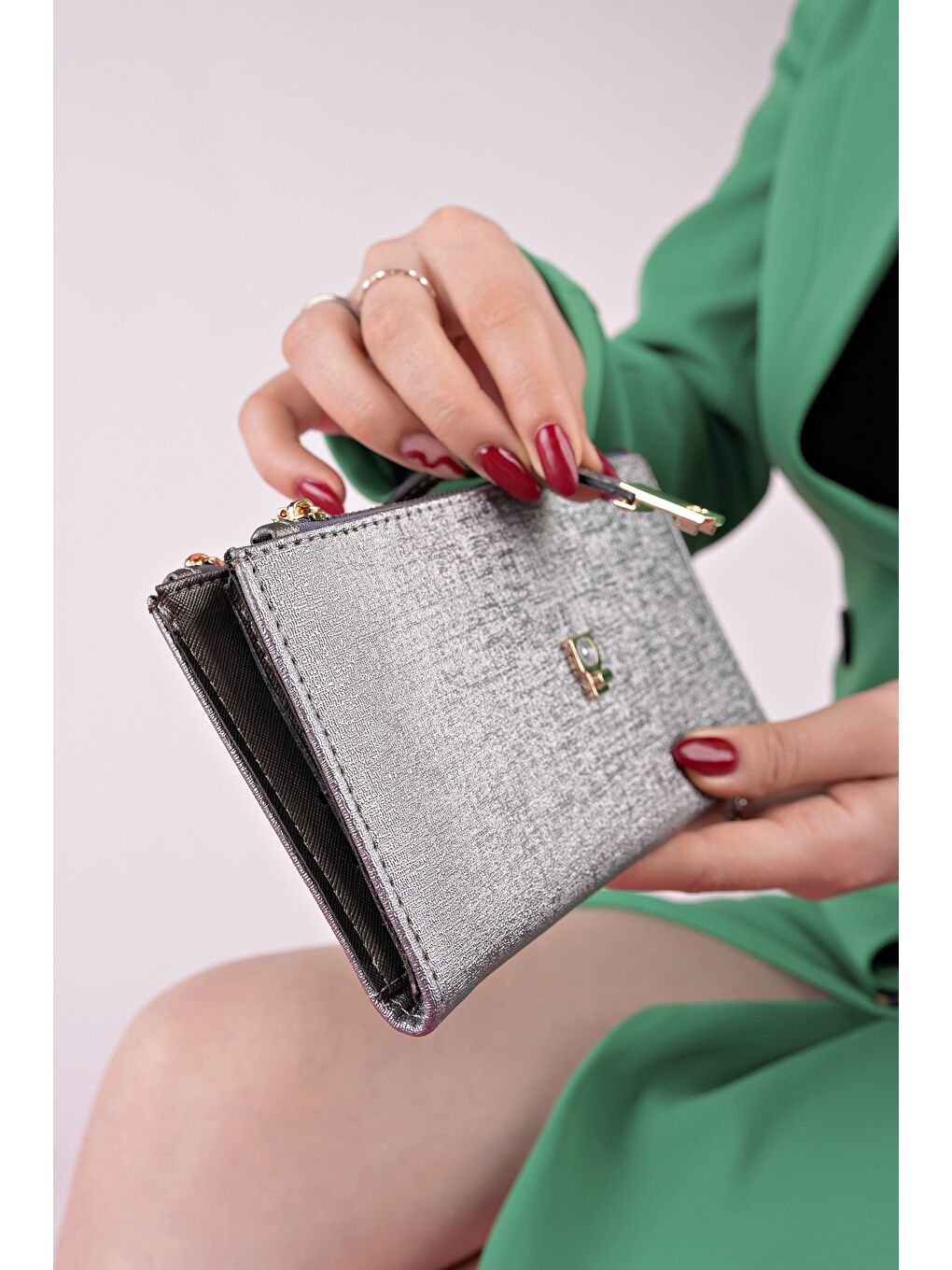 Gri PERFECT Telefon ve Bozuk Para Bölmeli Zarf Model Kadın Cüzdan-3