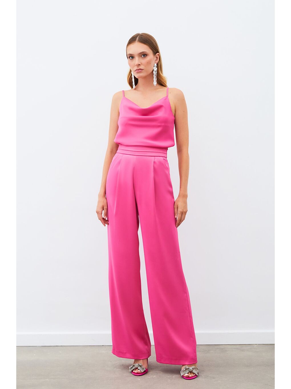 Cepli Salaş Saten Pantolon - Fuşya-1