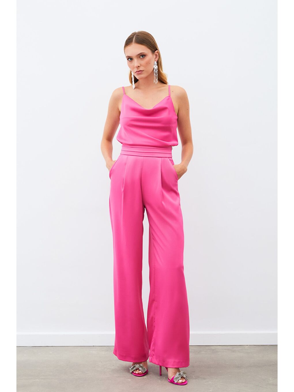 Cepli Salaş Saten Pantolon - Fuşya-2