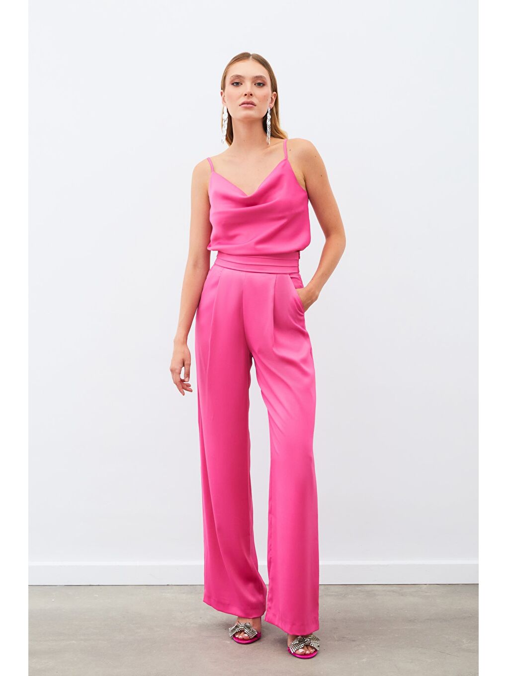 Cepli Salaş Saten Pantolon - Fuşya-3