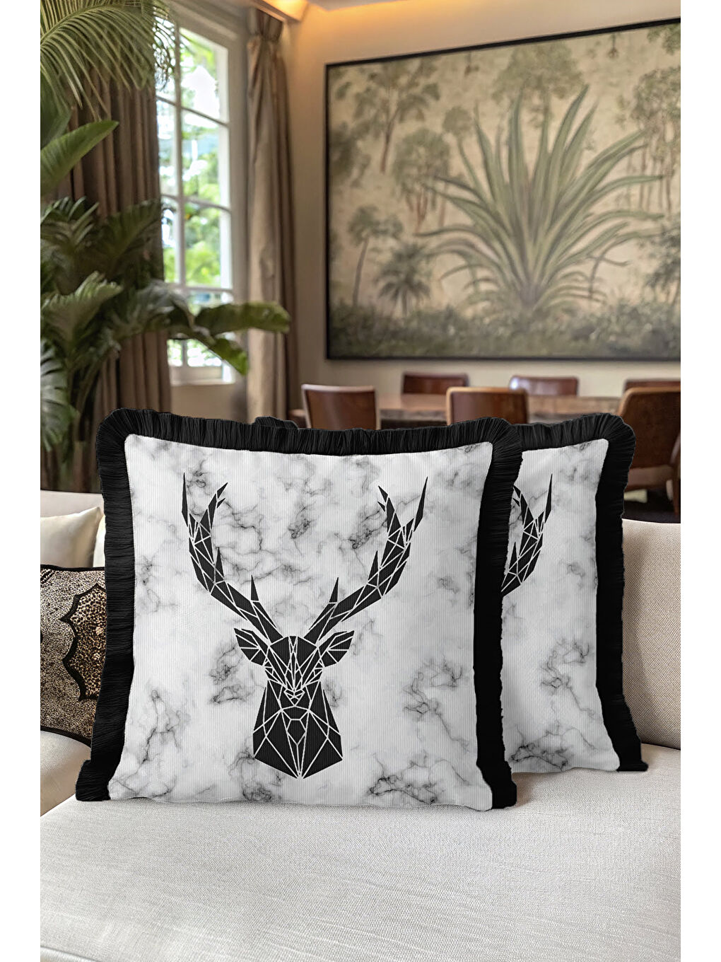 Karışık Geometrik Geyik Figürlü Saçaklı Yastık Kılıfı - Mermer Efektli Siyah Beyaz Püsküllü Kırlent Kılıfı-5
