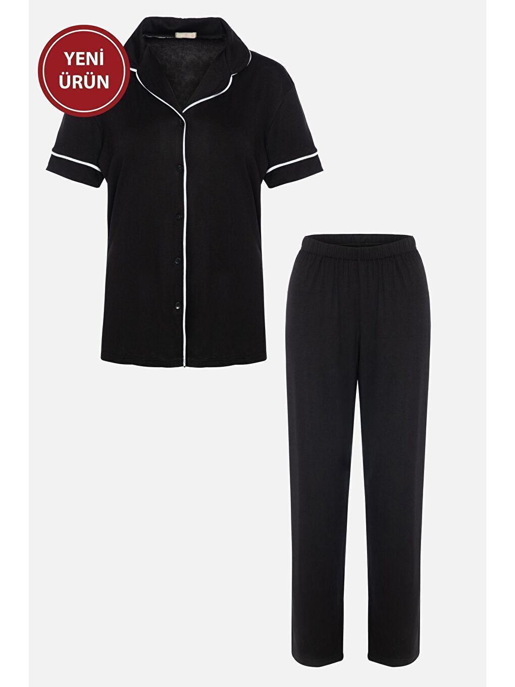 Siyah Kadın Kısa Kollu Viskon - Yumuşak Dokulu Düğmeli Biyeli Bol Paça Pijama Takımı