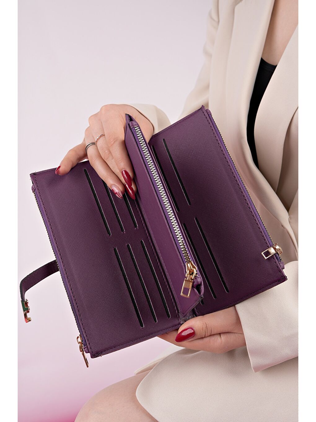 Mor PERFECT Telefon ve Bozuk Para Bölmeli Zarf Model Kadın Cüzdan-1