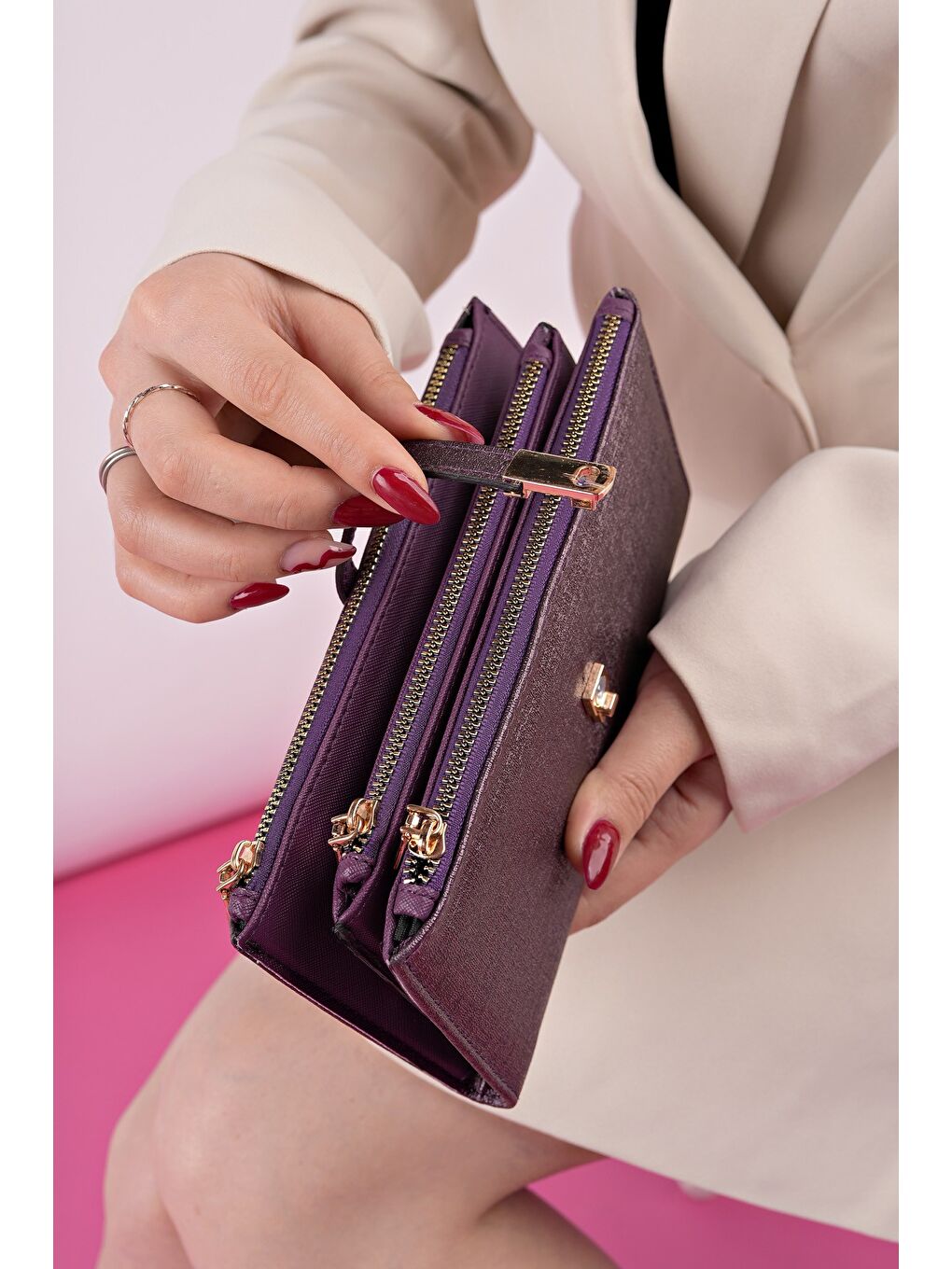 Mor PERFECT Telefon ve Bozuk Para Bölmeli Zarf Model Kadın Cüzdan-2