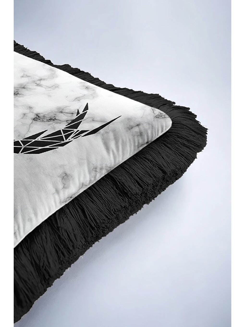 Karışık Geometrik Geyik Figürlü Saçaklı Yastık Kılıfı - Mermer Efektli Siyah Beyaz Püsküllü Kırlent Kılıfı-6