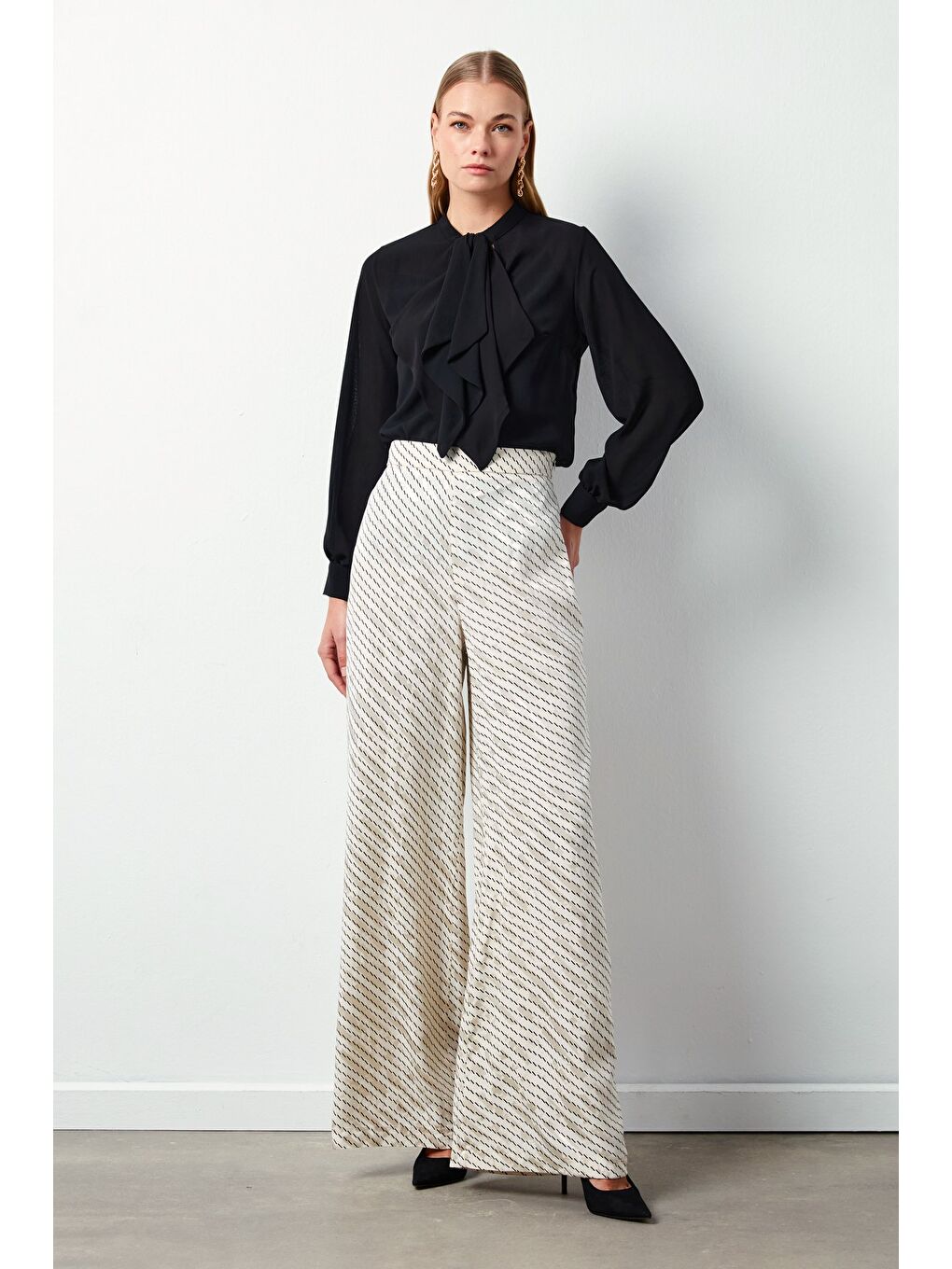 Çizgi Desenli Pantolon - Bej-3