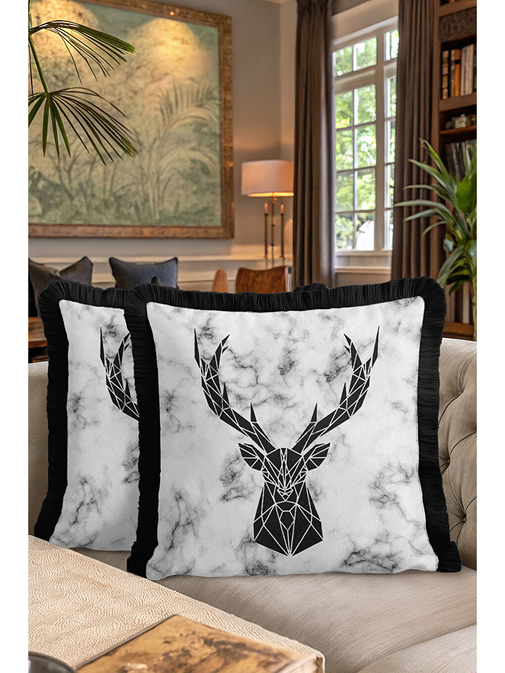 Karışık Geometrik Geyik Figürlü Saçaklı Yastık Kılıfı - Mermer Efektli Siyah Beyaz Püsküllü Kırlent Kılıfı-7