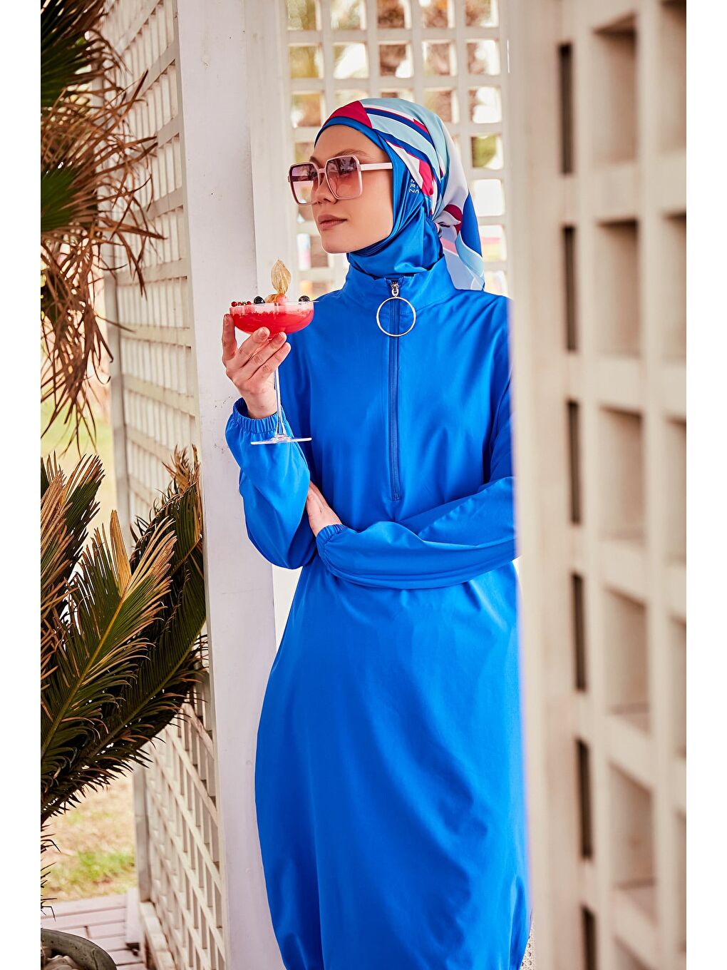 Mavi Paraşüt Kumaş Saks Tam Kapalı Tesettür Mayo M2404-3