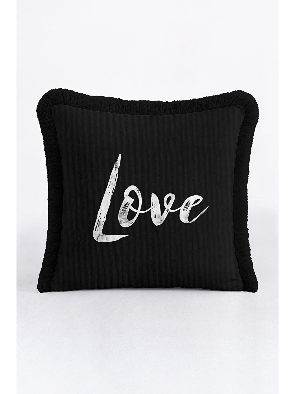 Karışık Love Yazılı Saçaklı Yastık Kılıfı - Modern Siyah Beyaz Romantik Püsküllü Kırlent Kılıfı-2