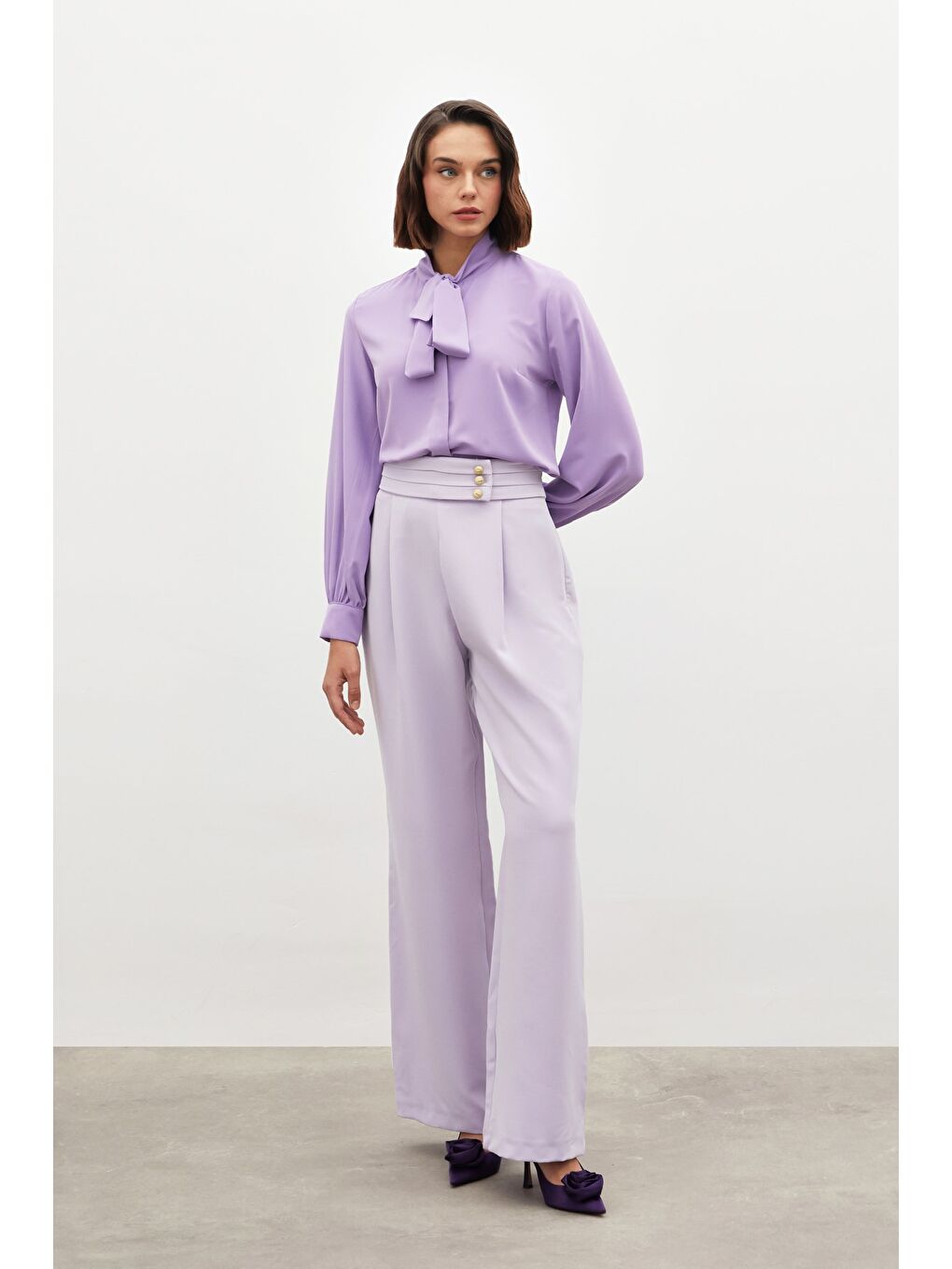 Bel Detaylı Pantolon - Lila-3