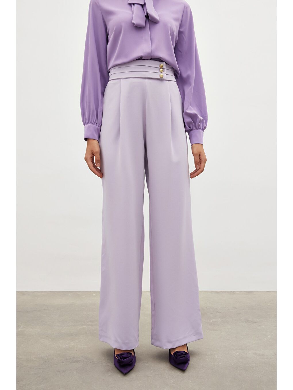 Bel Detaylı Pantolon - Lila-6