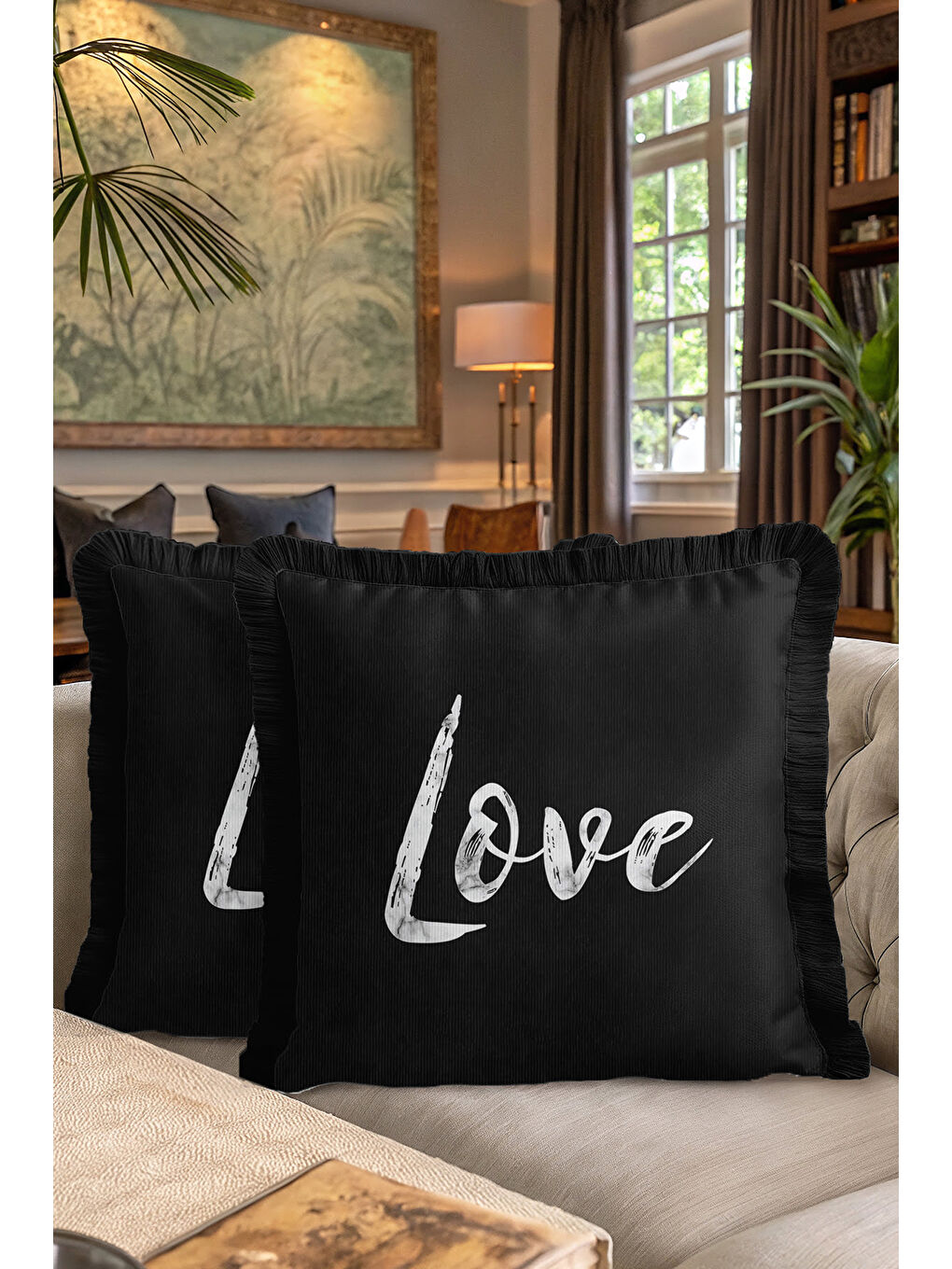 Karışık Love Yazılı Saçaklı Yastık Kılıfı - Modern Siyah Beyaz Romantik Püsküllü Kırlent Kılıfı-7