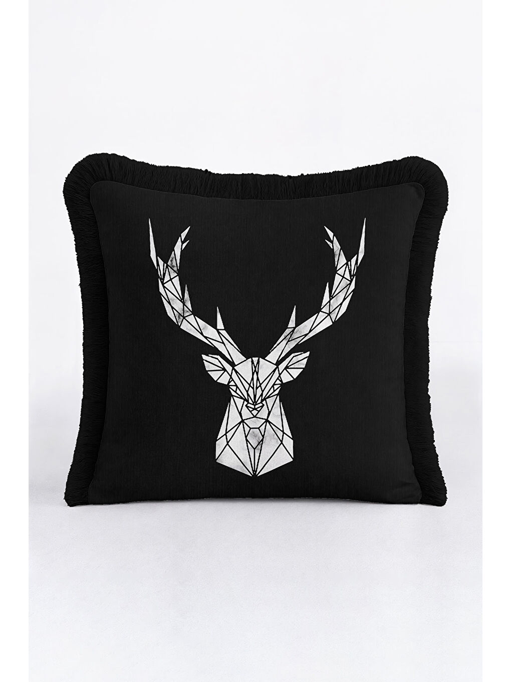 Karışık Geometrik Geyik Figürlü Saçaklı Yastık Kılıfı - Siyah Modern Gümüş Püsküllü Kırlent Kılıfı-1