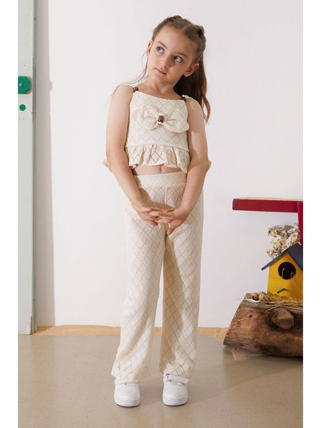 Ekru Krem Dantel Desenli Pantolonlu Kız Çocuk Croplu Takım 18757