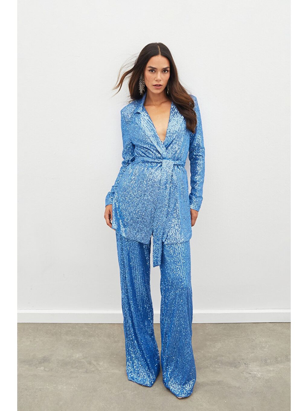 Kemerli Payet Pantolon - İndigo-3