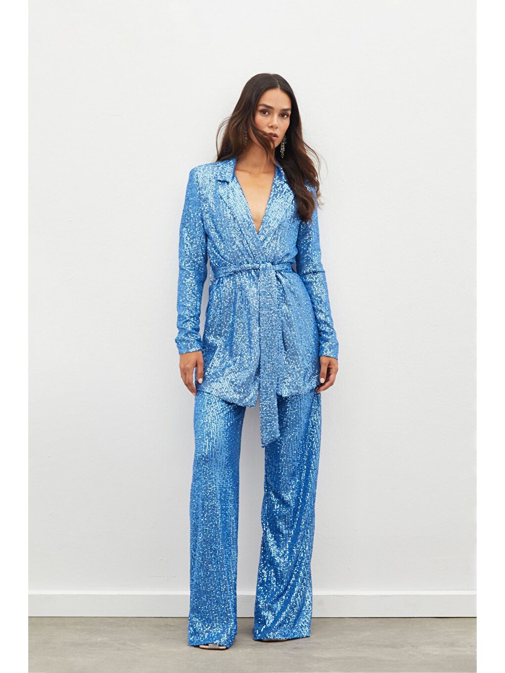 Kemerli Payet Pantolon - İndigo-4