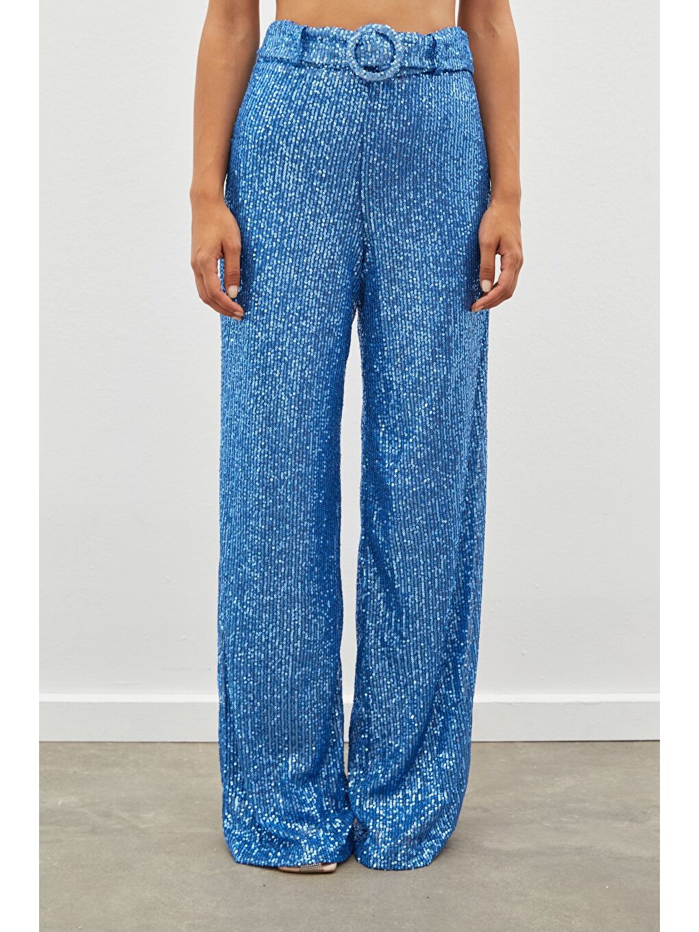 Kemerli Payet Pantolon - İndigo-5