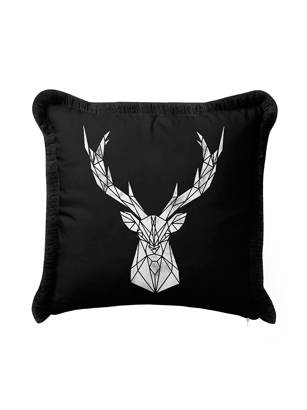 Karışık Geometrik Geyik Figürlü Saçaklı Yastık Kılıfı - Siyah Modern Gümüş Püsküllü Kırlent Kılıfı-3