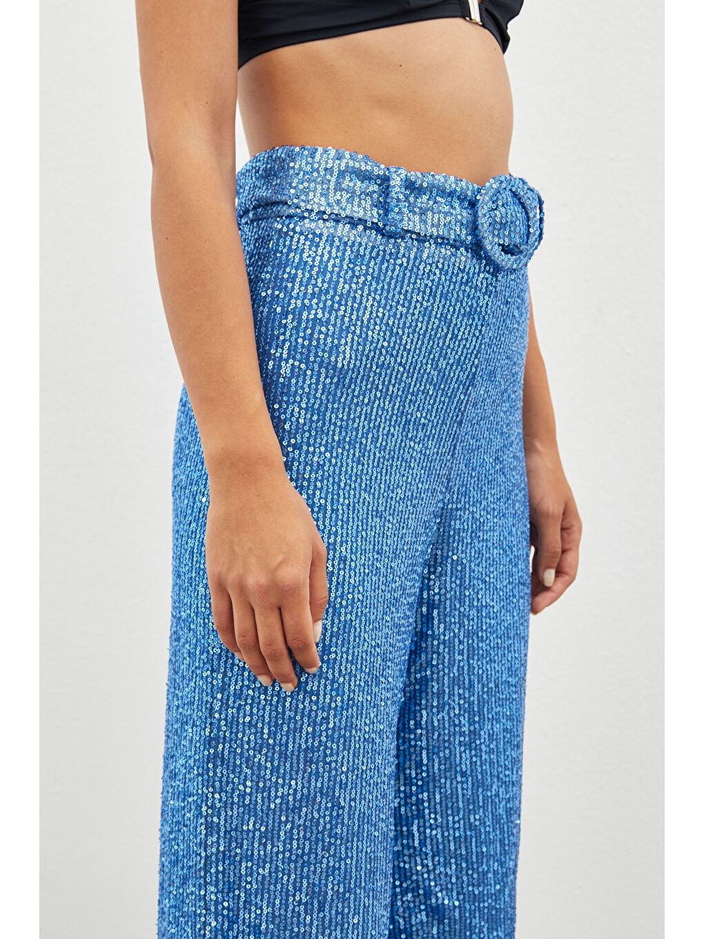 Kemerli Payet Pantolon - İndigo-6