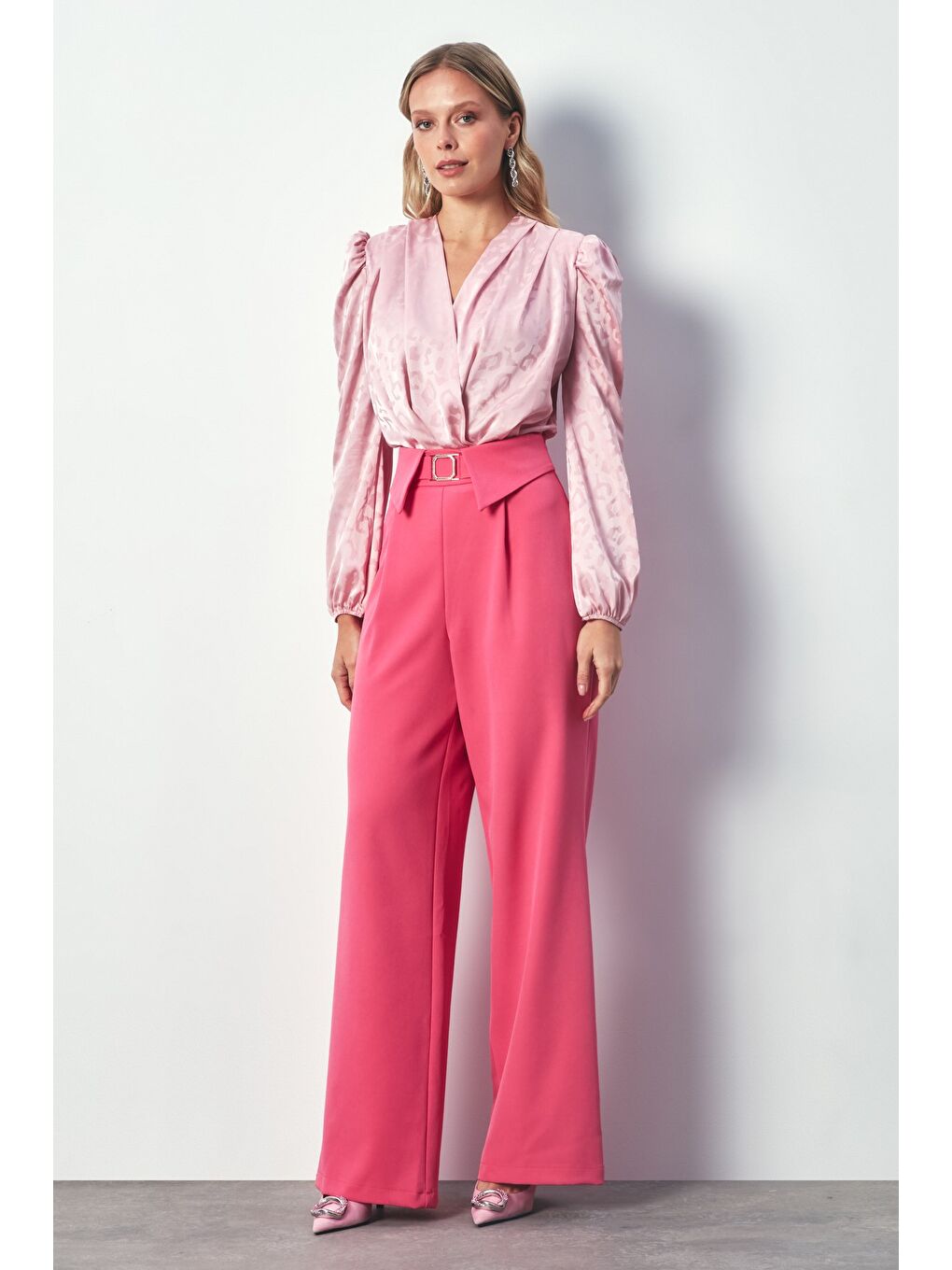 Bel Detaylı Geniş Paça Pantolon - Pembe-1