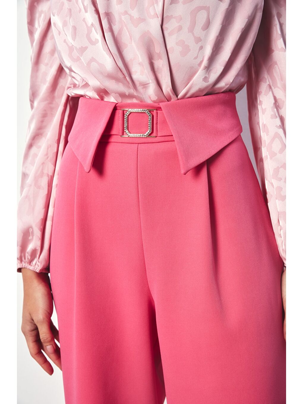 Bel Detaylı Geniş Paça Pantolon - Pembe-2