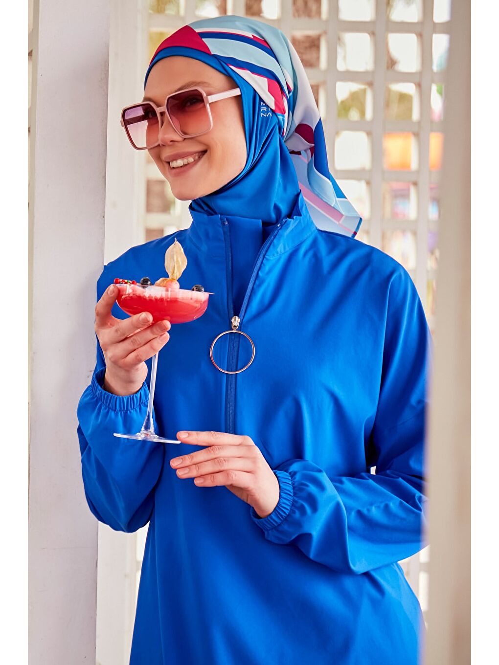 Mavi Paraşüt Kumaş Saks Tam Kapalı Tesettür Mayo M2404-4