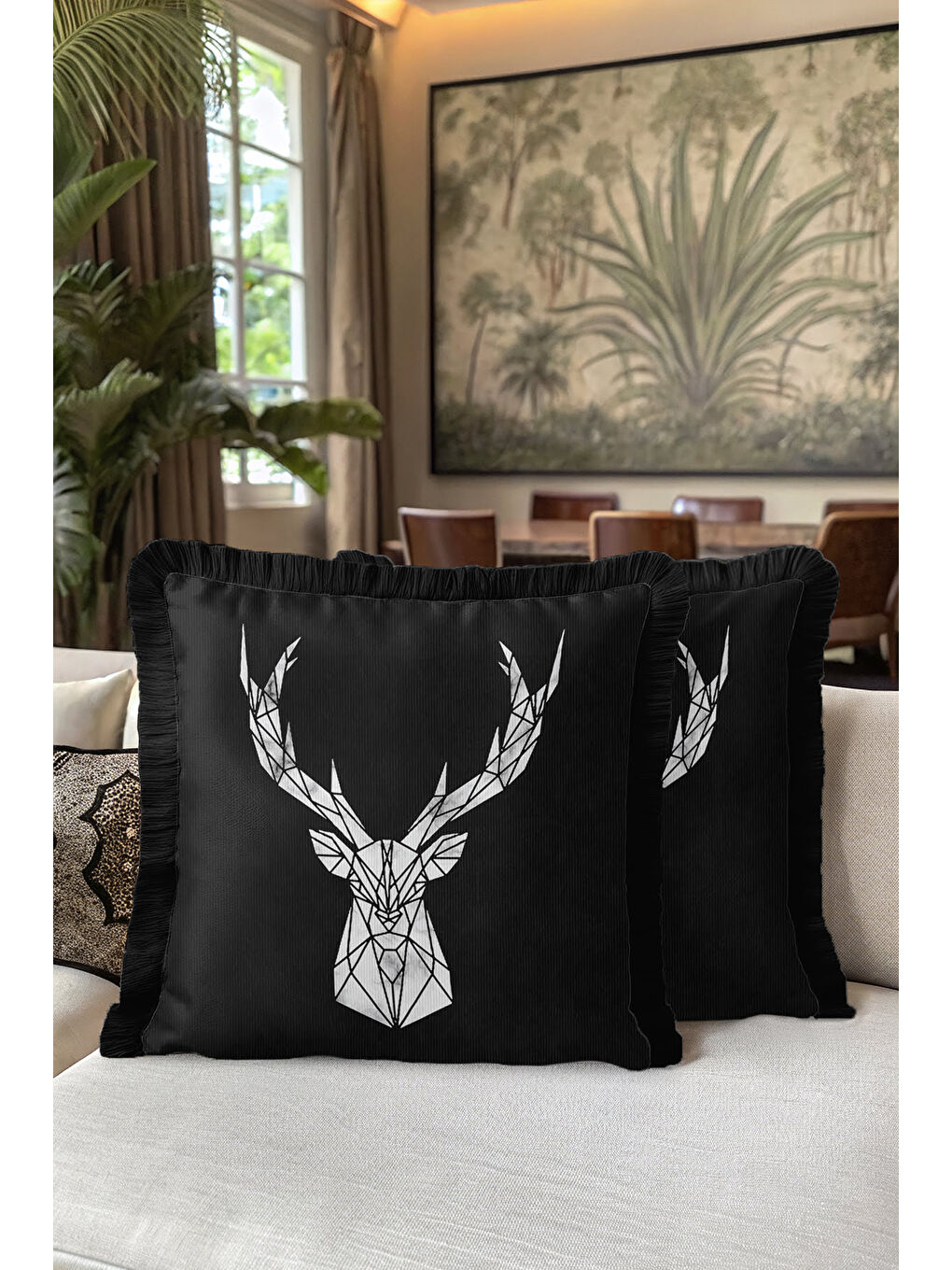Karışık Geometrik Geyik Figürlü Saçaklı Yastık Kılıfı - Siyah Modern Gümüş Püsküllü Kırlent Kılıfı-5