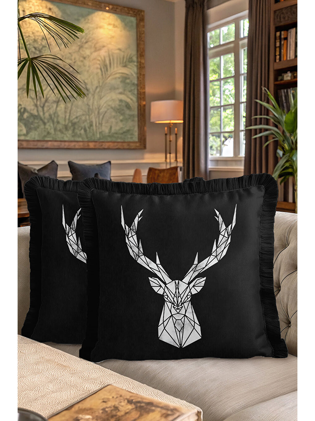 Karışık Geometrik Geyik Figürlü Saçaklı Yastık Kılıfı - Siyah Modern Gümüş Püsküllü Kırlent Kılıfı-7