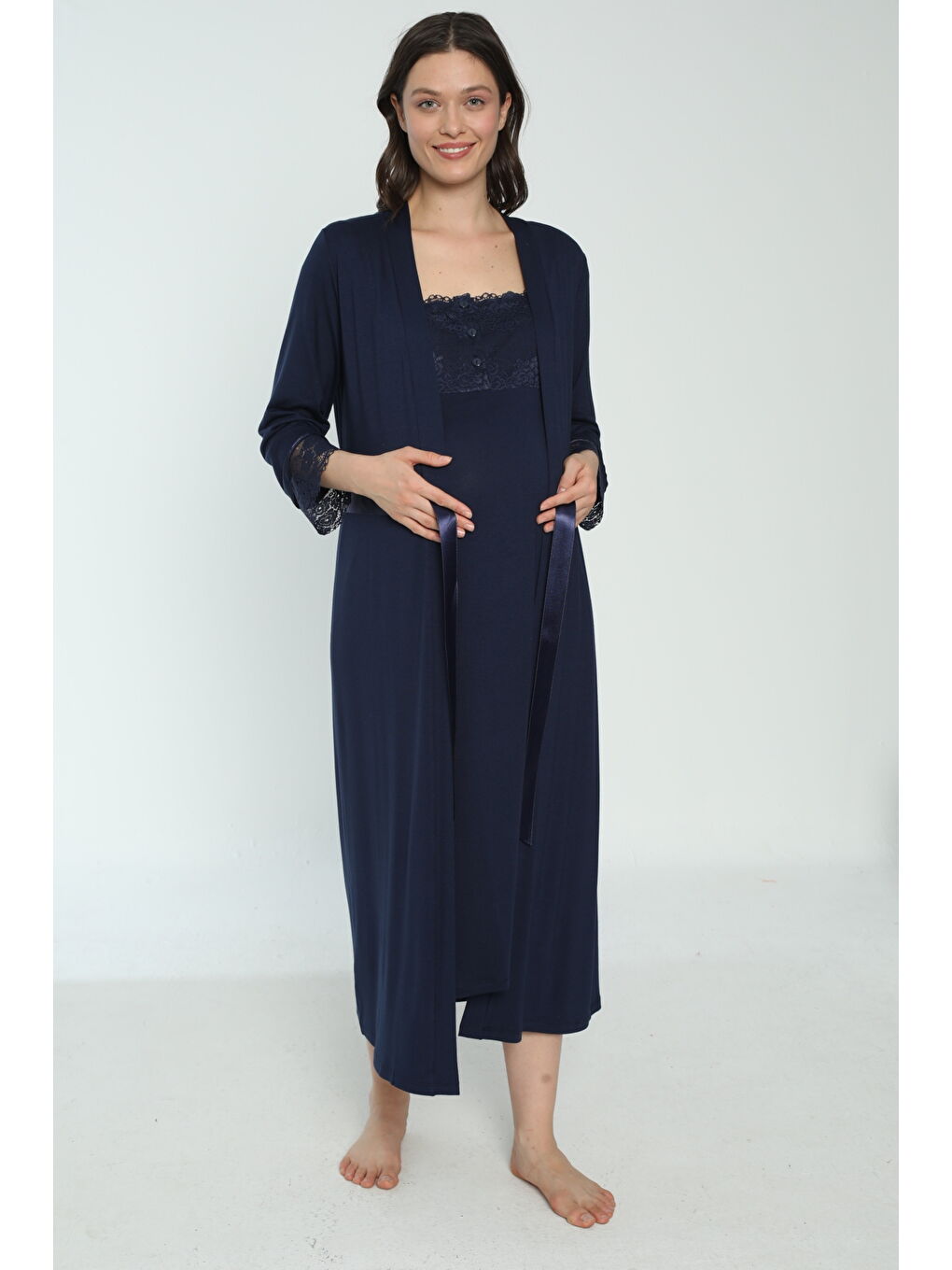 Lacivert Hamile Ve Lohusa Sabahlık Gecelik Takımı