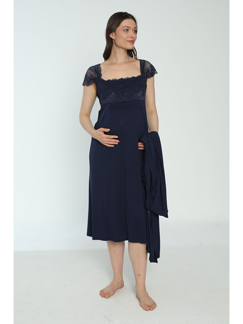 Lacivert Hamile Ve Lohusa Sabahlık Gecelik Takımı-3