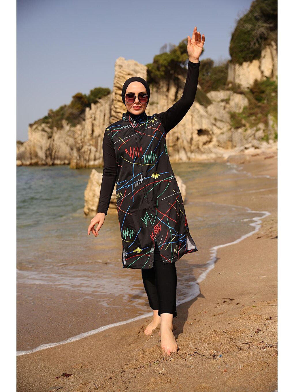 Siyah Renkli Çizgi Desenli Tam Kapalı Tesettür Mayo R005 Reyhan-3