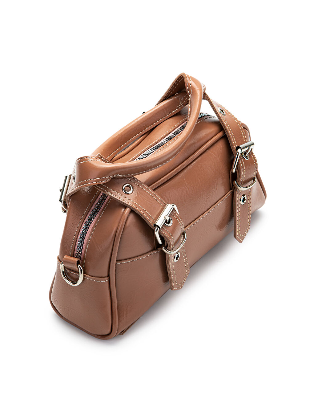 Pembe Çift Kemer Tokalı Ojos Somon Suni Deri Kadın Çapraz Çanta-3