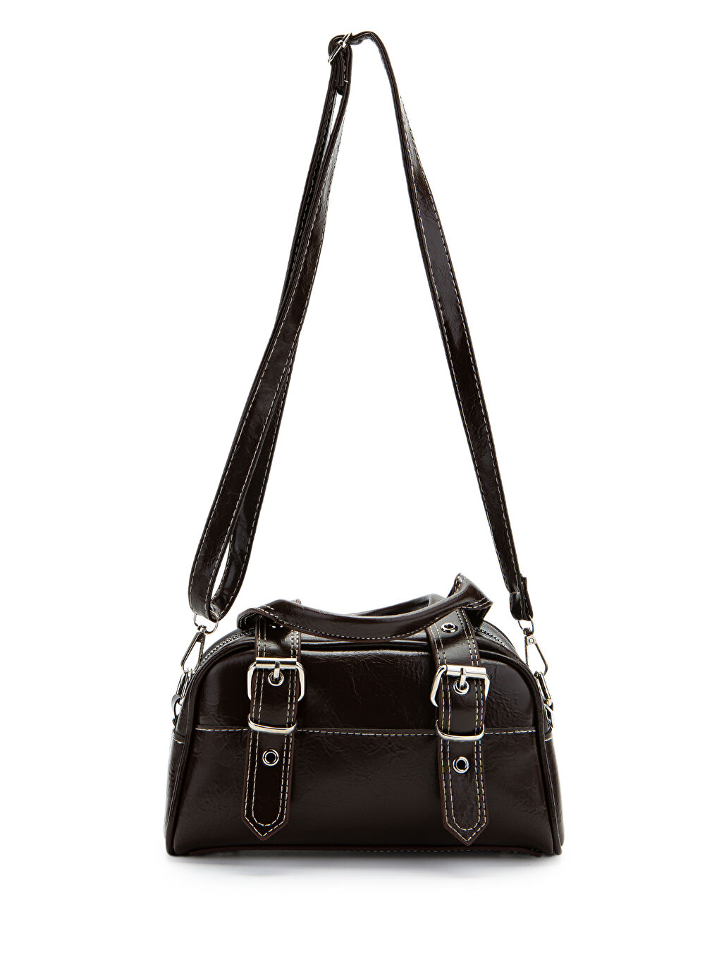 Çift Kemer Tokalı Ojos Kahverengi Suni Deri Kadın Çapraz Çanta-1