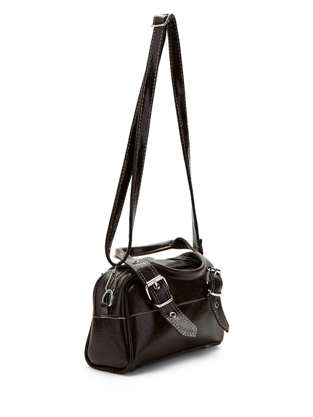 Çift Kemer Tokalı Ojos Kahverengi Suni Deri Kadın Çapraz Çanta-2