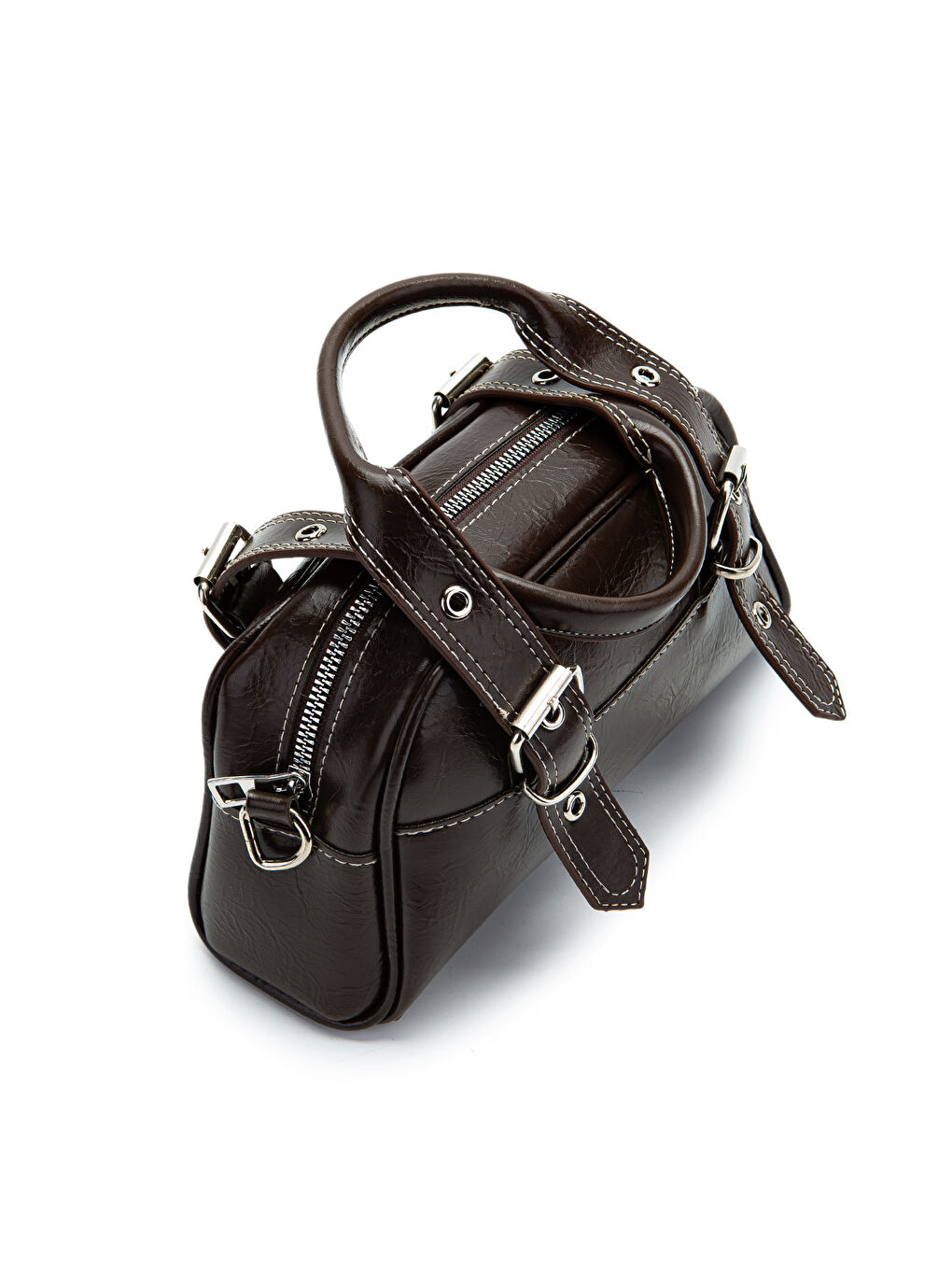 Çift Kemer Tokalı Ojos Kahverengi Suni Deri Kadın Çapraz Çanta-3