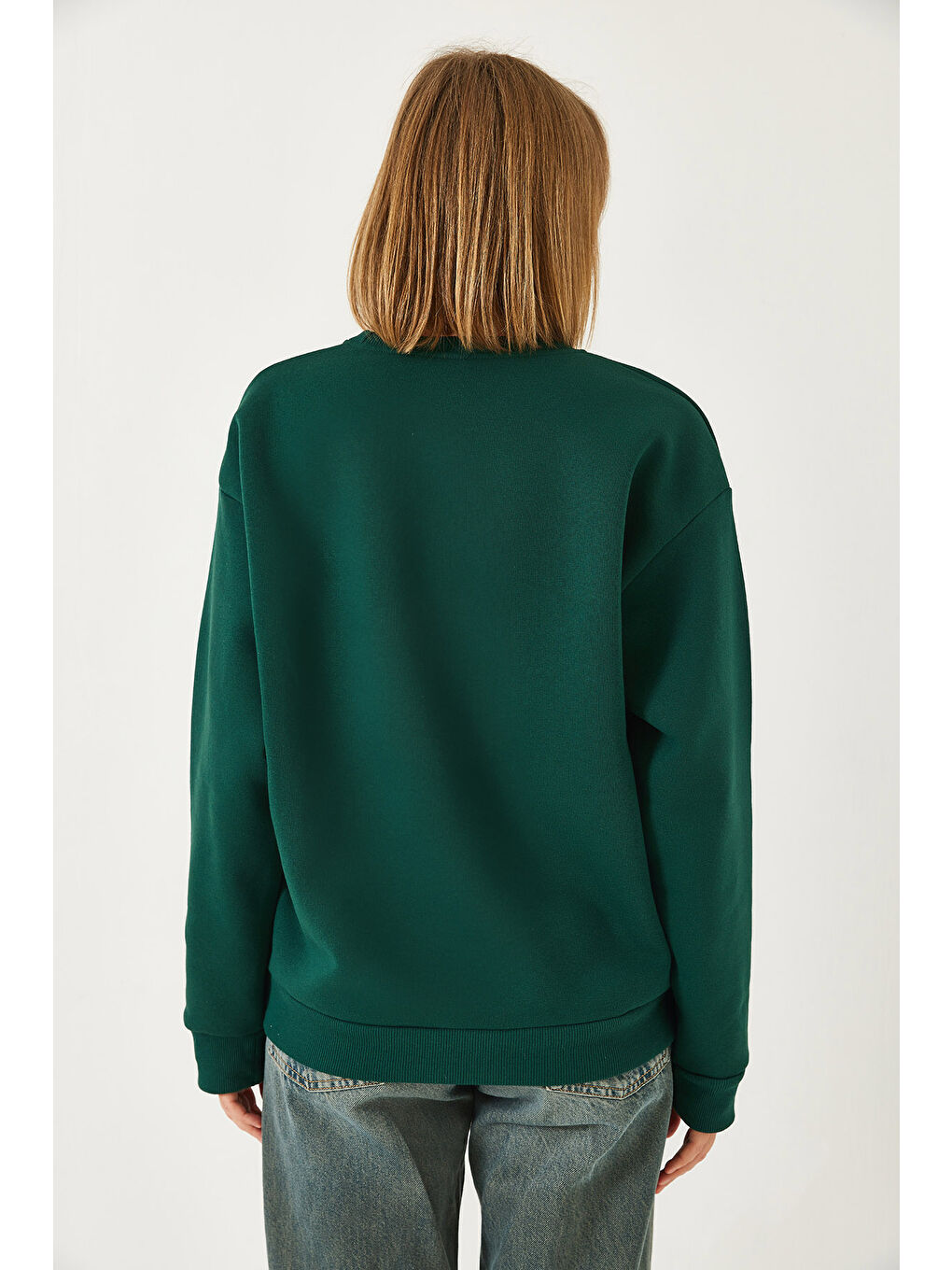 Yeşil Kadın Bisiklet Yaka Şardonlu Basic Sweatshirt-6