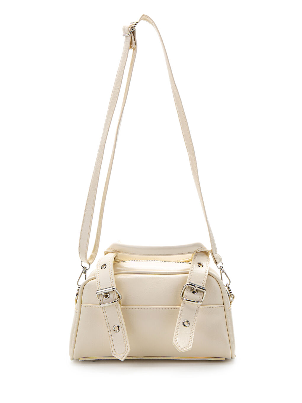 Ekru Çift Kemer Tokalı Ojos Krem Suni Deri Kadın Çapraz Çanta-1