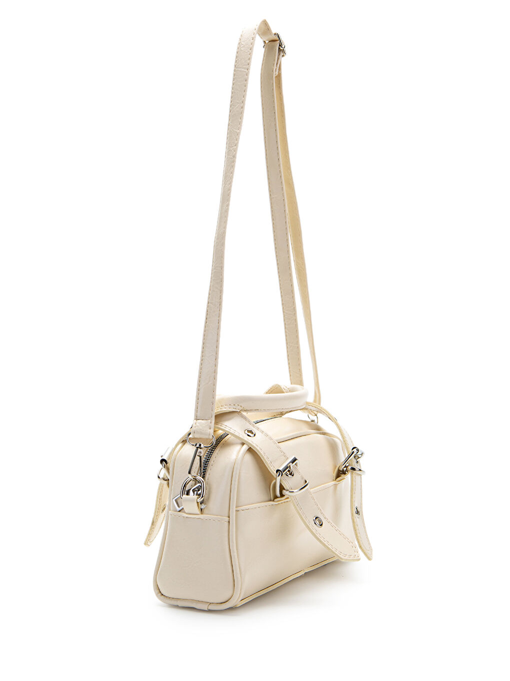 Ekru Çift Kemer Tokalı Ojos Krem Suni Deri Kadın Çapraz Çanta-2