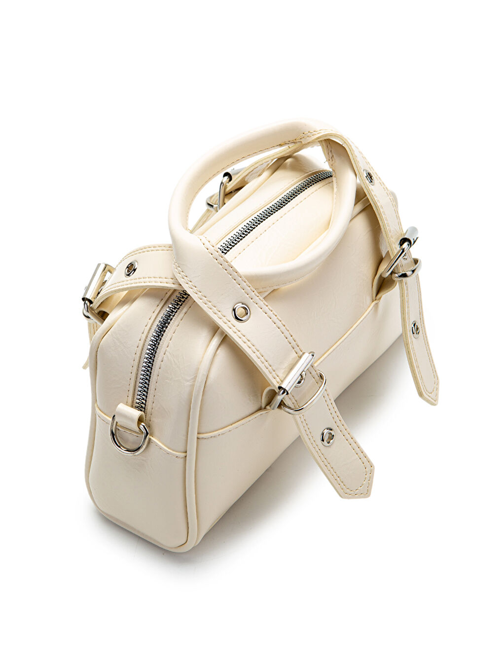 Ekru Çift Kemer Tokalı Ojos Krem Suni Deri Kadın Çapraz Çanta-3