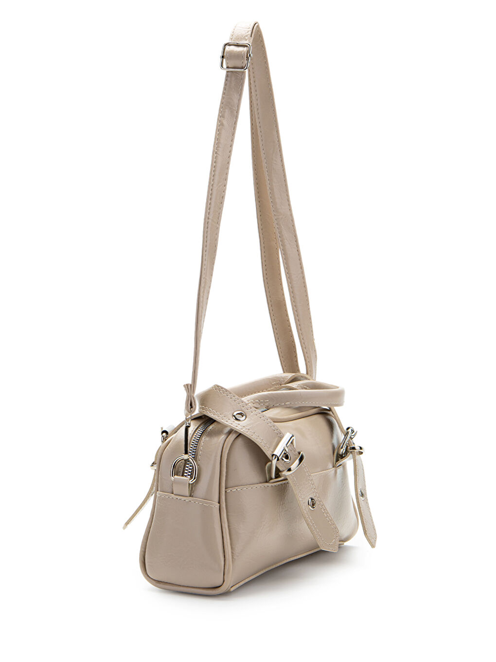 Bej Çift Kemer Tokalı Ojos Vizon Suni Deri Kadın Çapraz Çanta-2