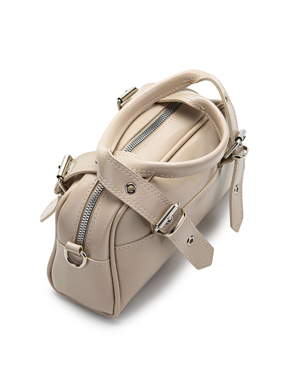 Bej Çift Kemer Tokalı Ojos Vizon Suni Deri Kadın Çapraz Çanta-3