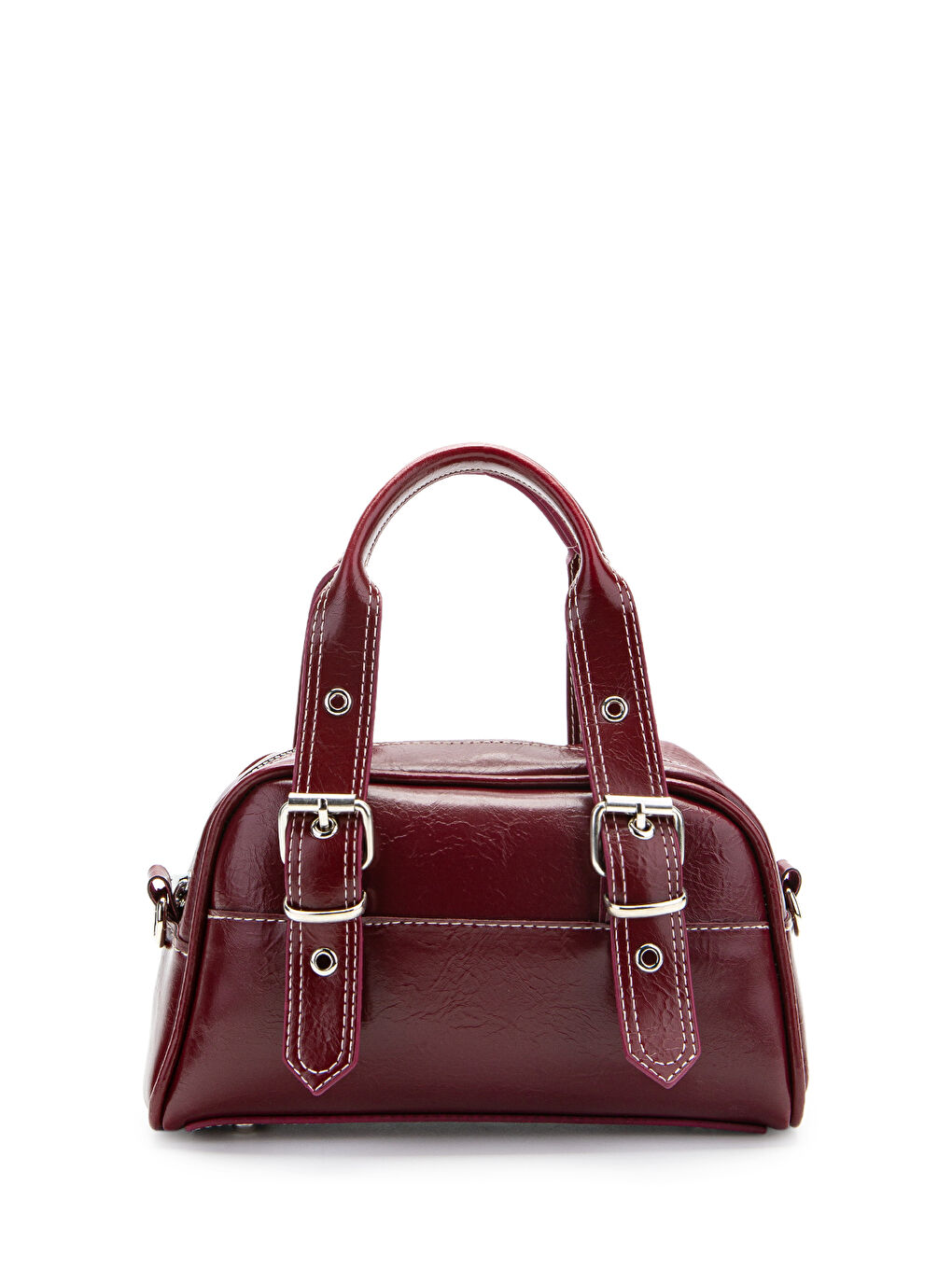 Çift Kemer Tokalı Ojos Bordo Suni Deri Kadın Çapraz Çanta
