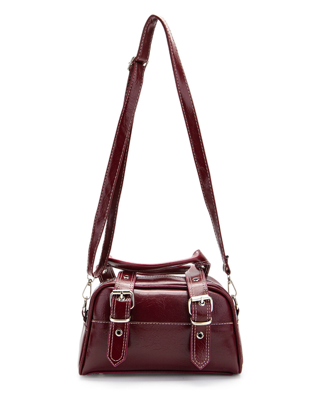 Çift Kemer Tokalı Ojos Bordo Suni Deri Kadın Çapraz Çanta-1