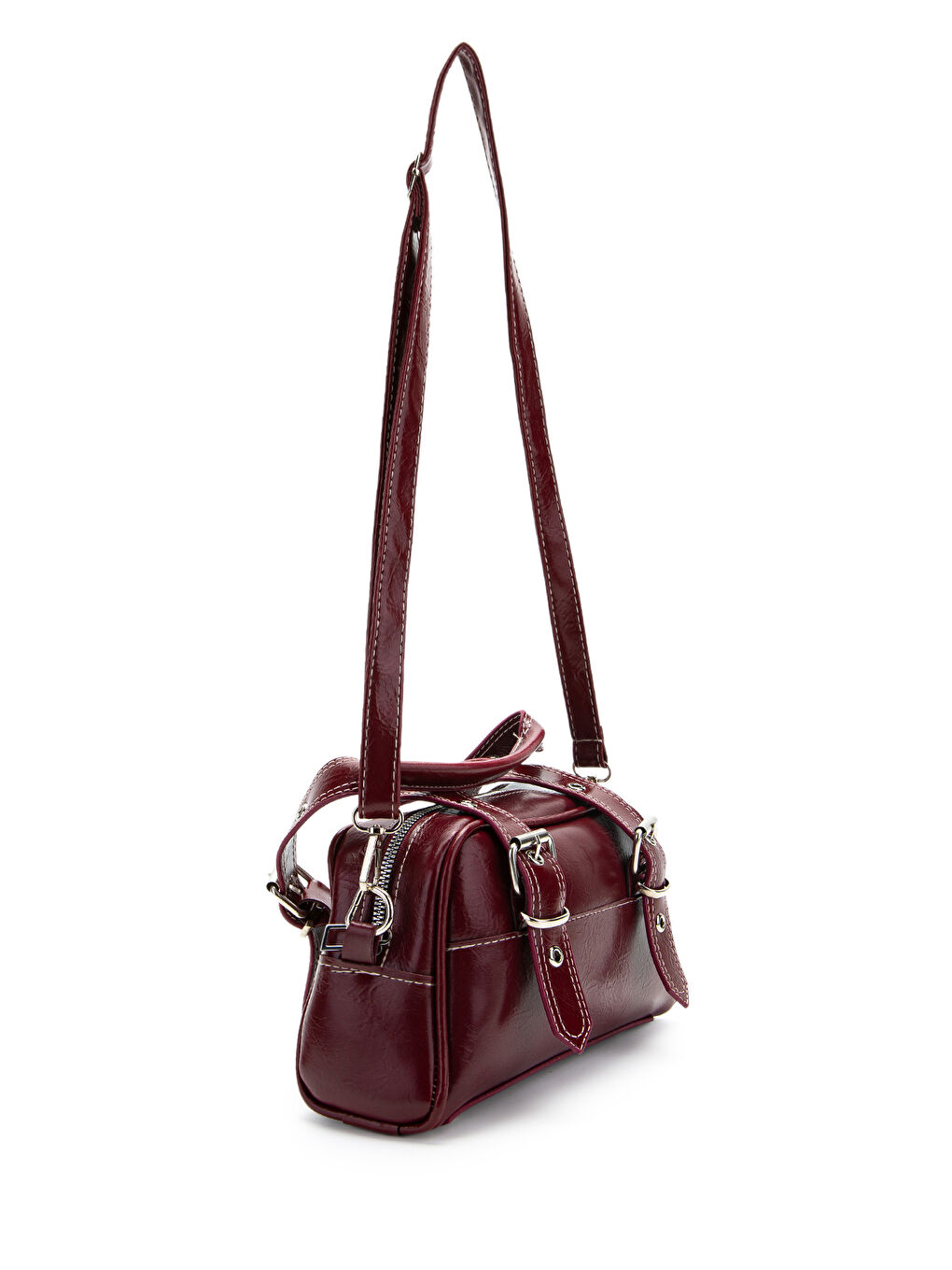 Çift Kemer Tokalı Ojos Bordo Suni Deri Kadın Çapraz Çanta-2