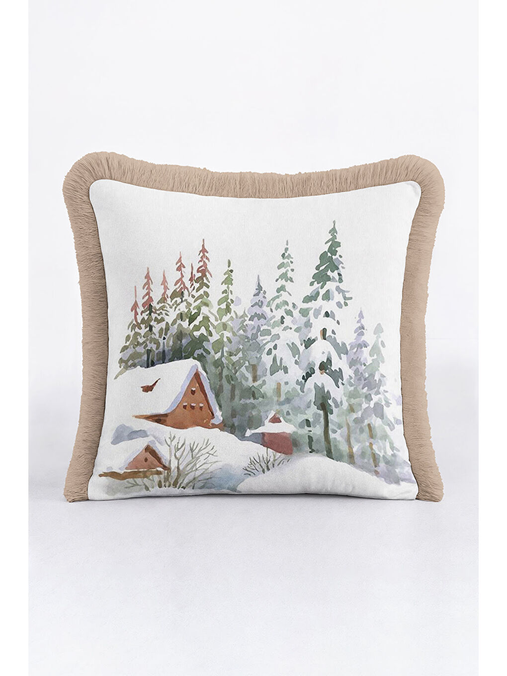 Karışık Kış Manzaralı Saçaklı Yastık Kılıfı - Doğal Kar Temalı Rustik Bej Püsküllü Kırlent Kılıfı
