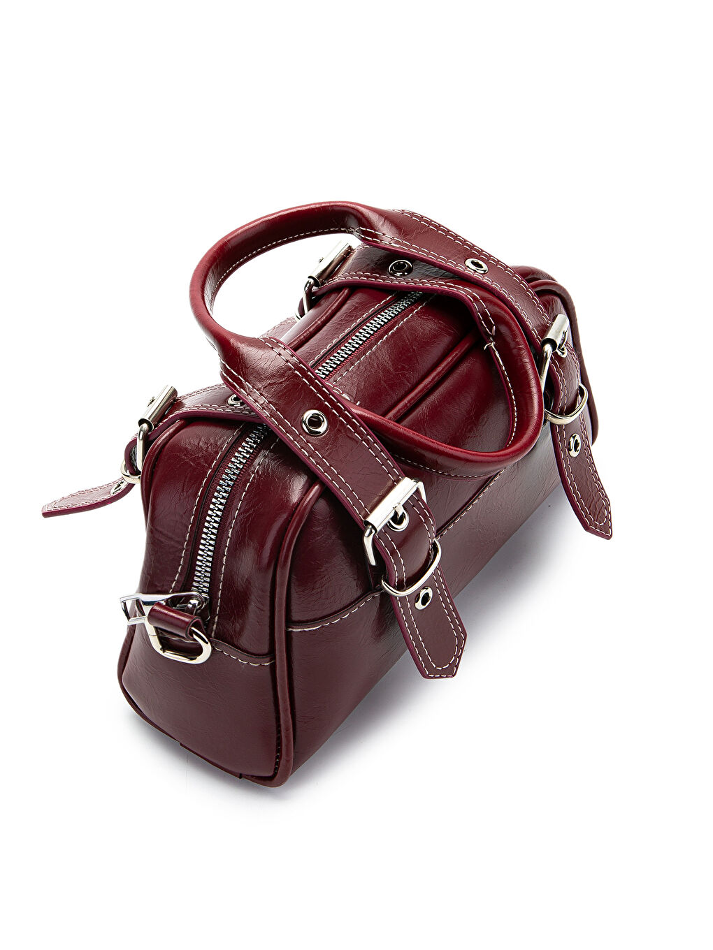 Çift Kemer Tokalı Ojos Bordo Suni Deri Kadın Çapraz Çanta-3
